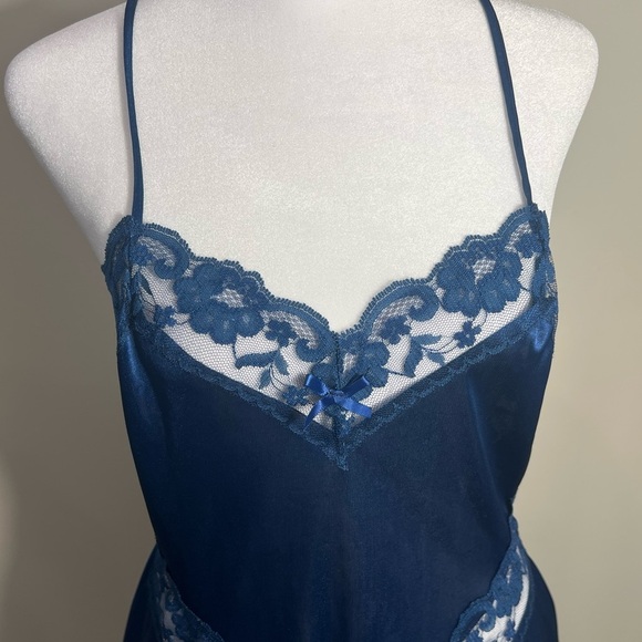 Vintage Blue lace trim satin onesie snaps lace trim ruffle teddy romper Chemise - Picture 4 of 8